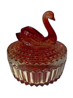 Vintage Jeanette Amberina Red Yellow Glass Swan Covered Powder Jar Candy Dish